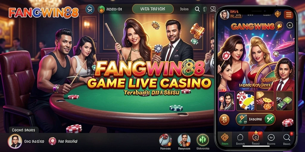 Screenshot utama FANGWIN88 menunjukkan dealer langsung yang sedang beraksi di meja permainan.