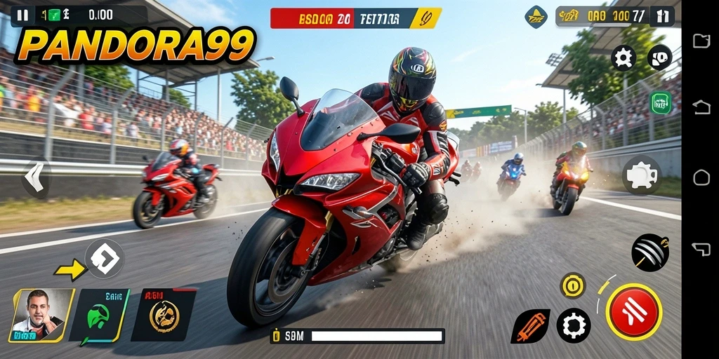 Tampilan menegangkan dari gameplay PANDORA99 saat balapan motor.