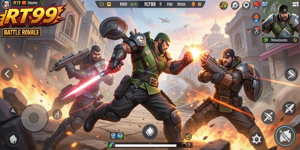 Screenshot RT99 menampilkan pertempuran intens di medan perang Battle Royale.