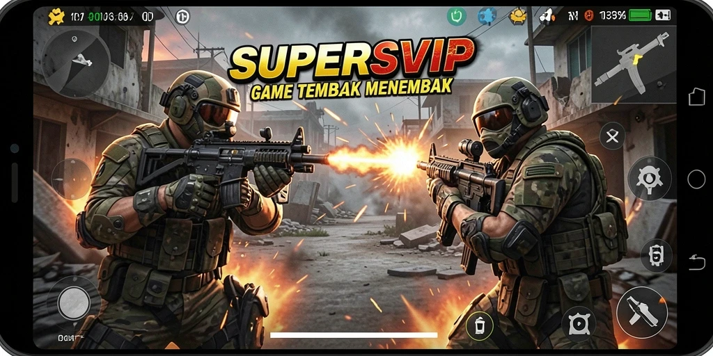 Tampilan gameplay <strong>SUPERSVIP</strong> dengan aksi tembak-menembak yang mendebarkan.